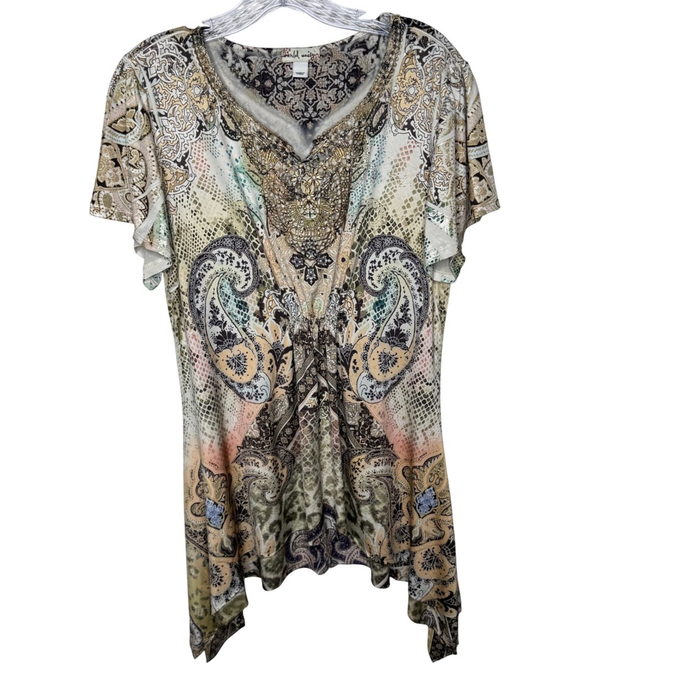 World Unity Womens Paisley Snakeskin Print Lace Rhinestone Sharkbite Tunic L